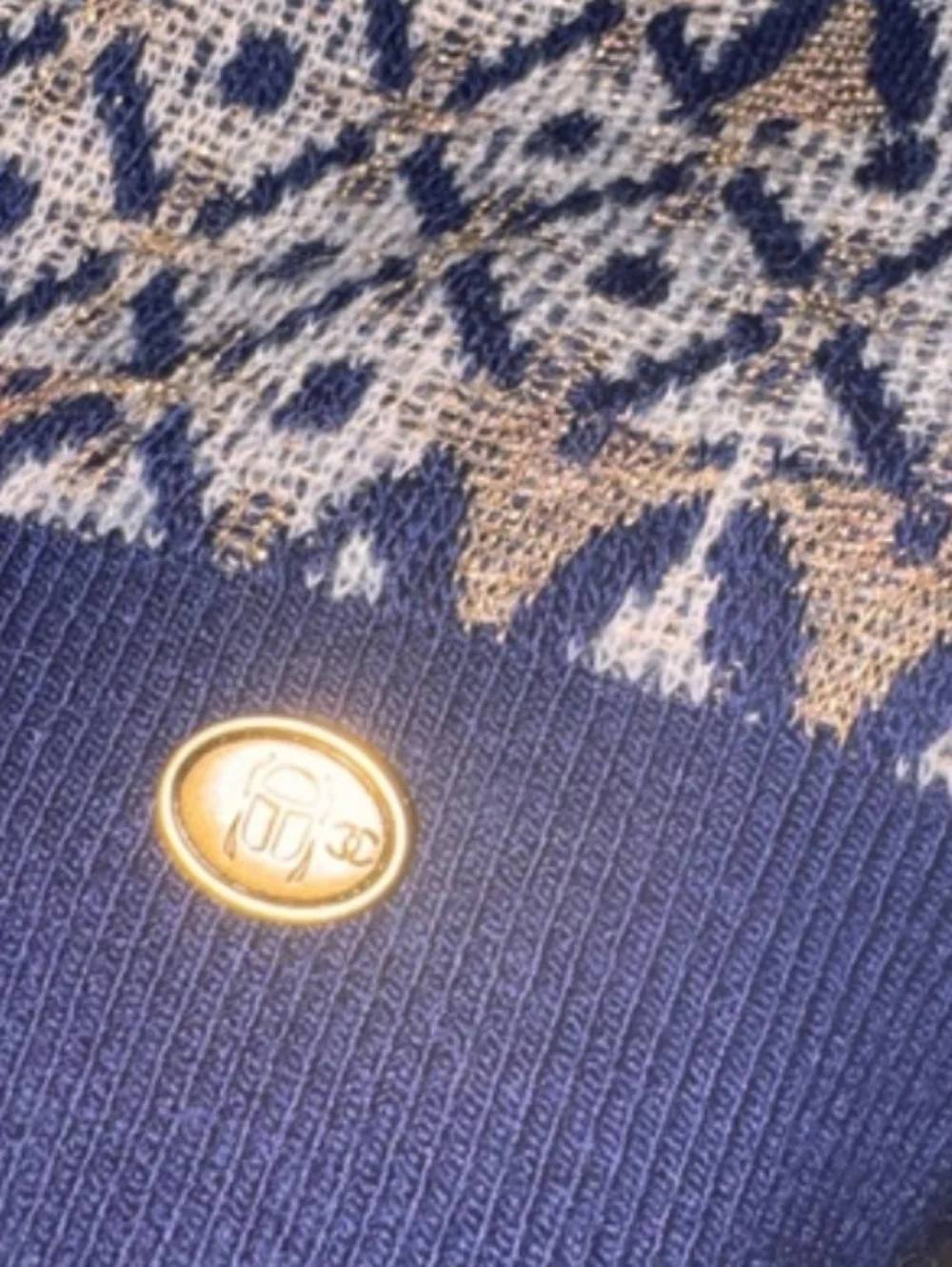 CHANEL Navy, Tan and Black Fair Isle Yoke Sweater